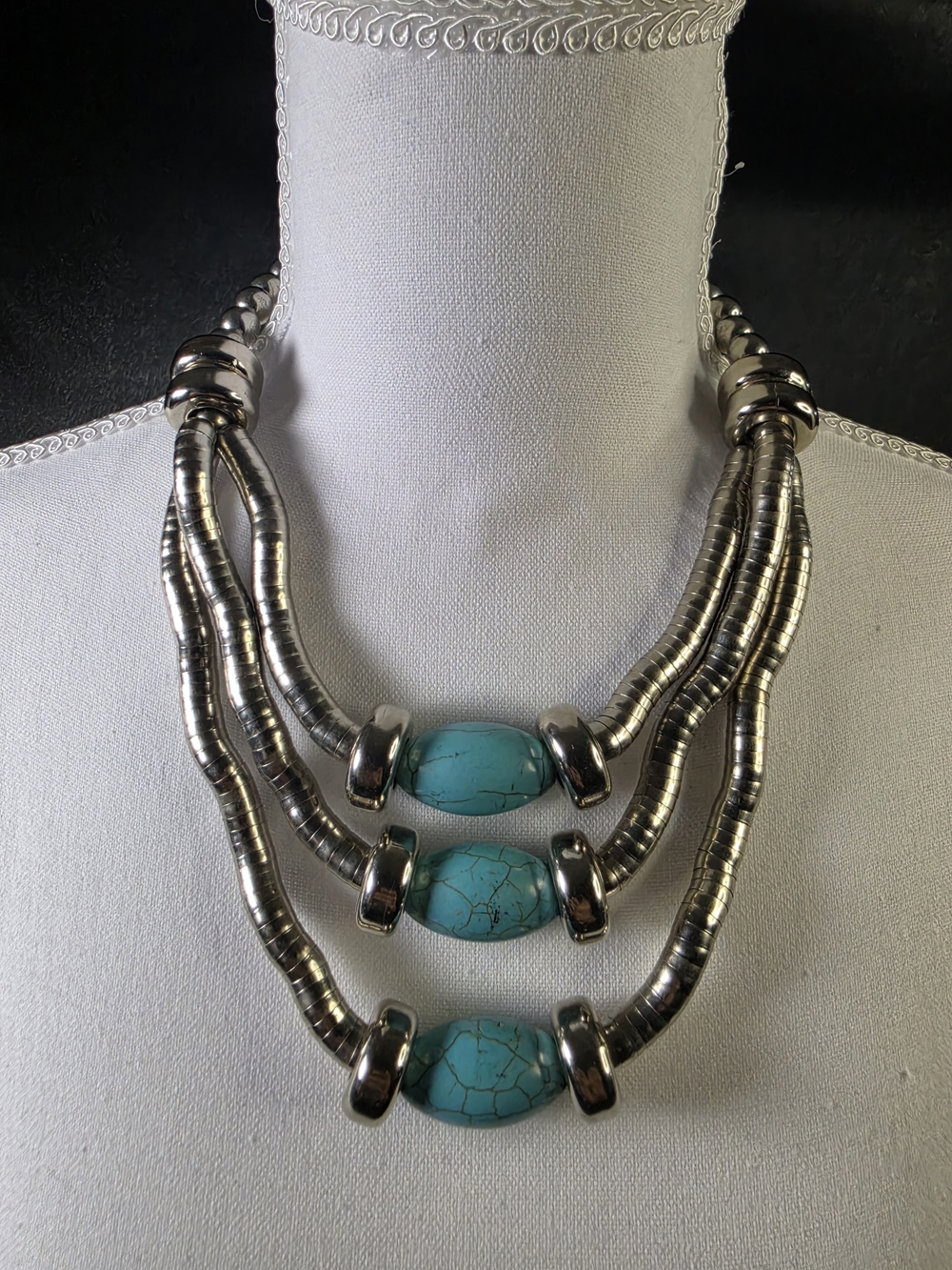Southwestern Turquoise Style Statement Necklace Silver Tone Chunky Boho 18”